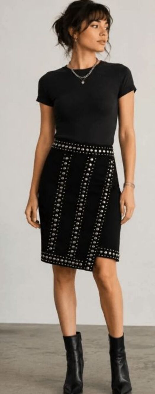 INC International Concepts Black Asymmetric Studded Wrap Front Pencil Skirt Smal